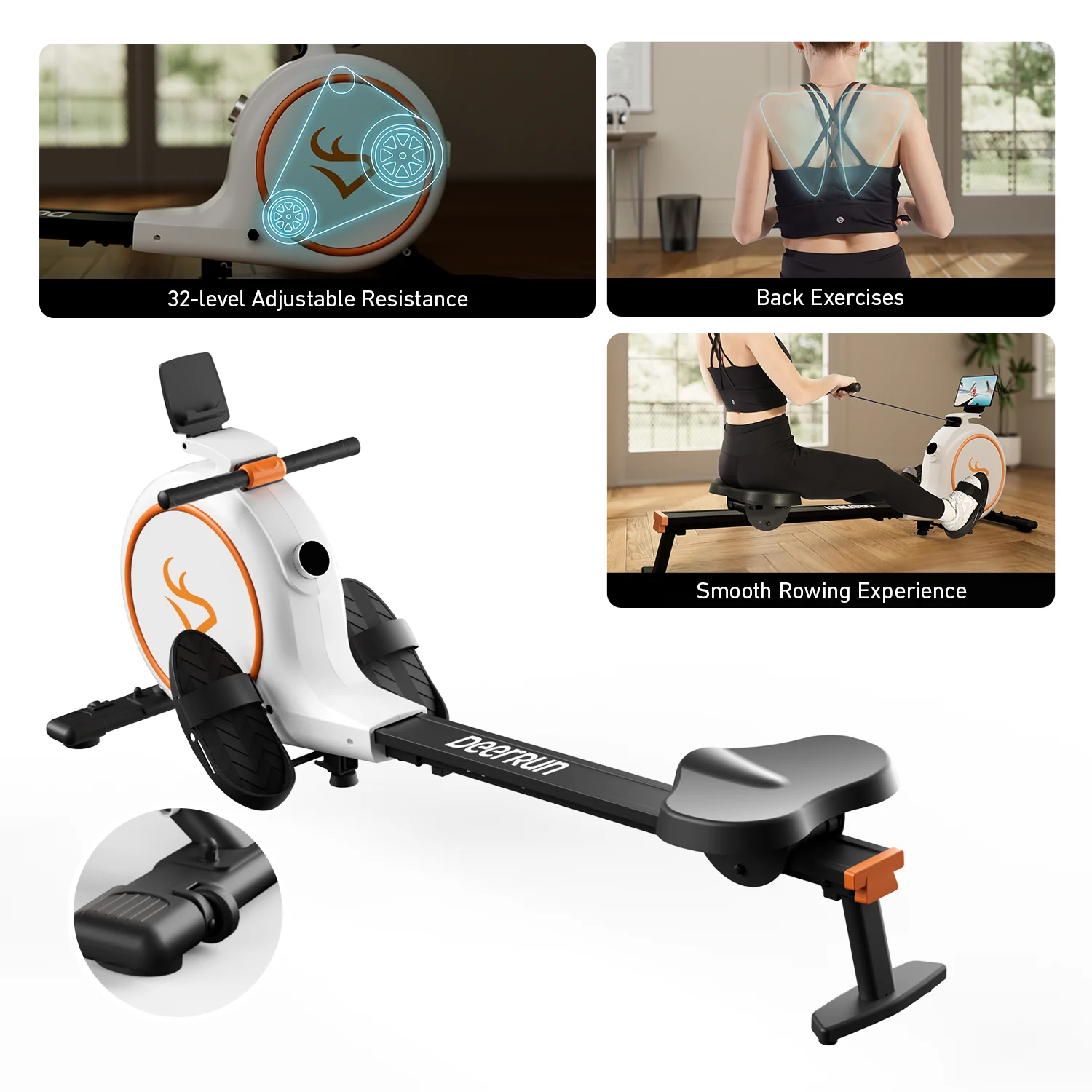 DeerRun RW600 Adjustable 32-Level Magnetic Resistance Long Slide Rail Smart Rowing Machine with PitPat App - Image 5